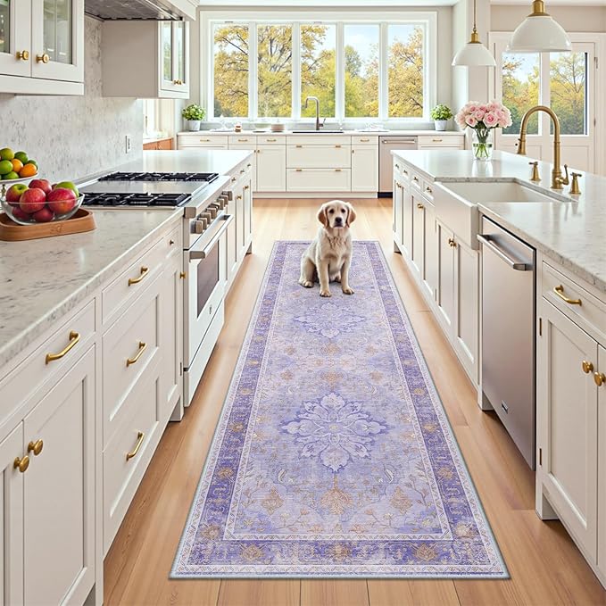 RELEANY Area Rugs 2'x8' Runner Rug Non Slip Washable for Kitchen Hallway Bedroom Beside Laundry Room Bathroom Rug, Floor Carpet, Light Purple Brown