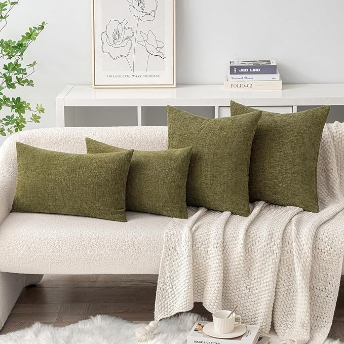 MIULEE Pack of 2 Couch Throw Pillow Covers 12x20 Inch Soft Olive Green Chenille Pillow Covers for Sofa Living Room Solid Dyed Pillow Cases