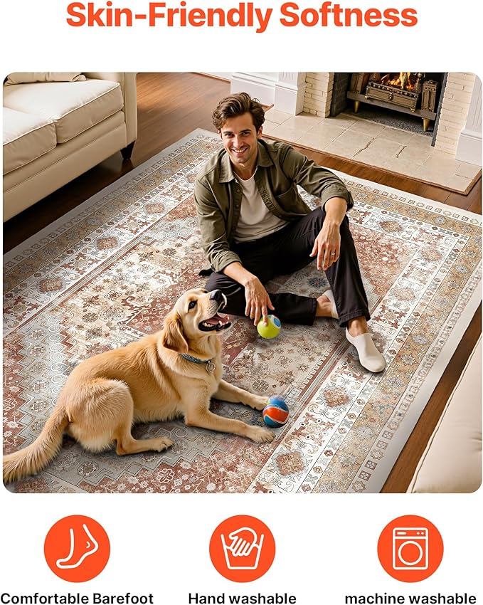 VEVOR 8 x 10 ft Area Rug Large Washable Rug Non-Slip and Tear-Resistant Soft Carpet Pet & Child Friendly Vintage Area Rugs Indoor Mat for Bedroom Living Room Kids Room Office Brown Red