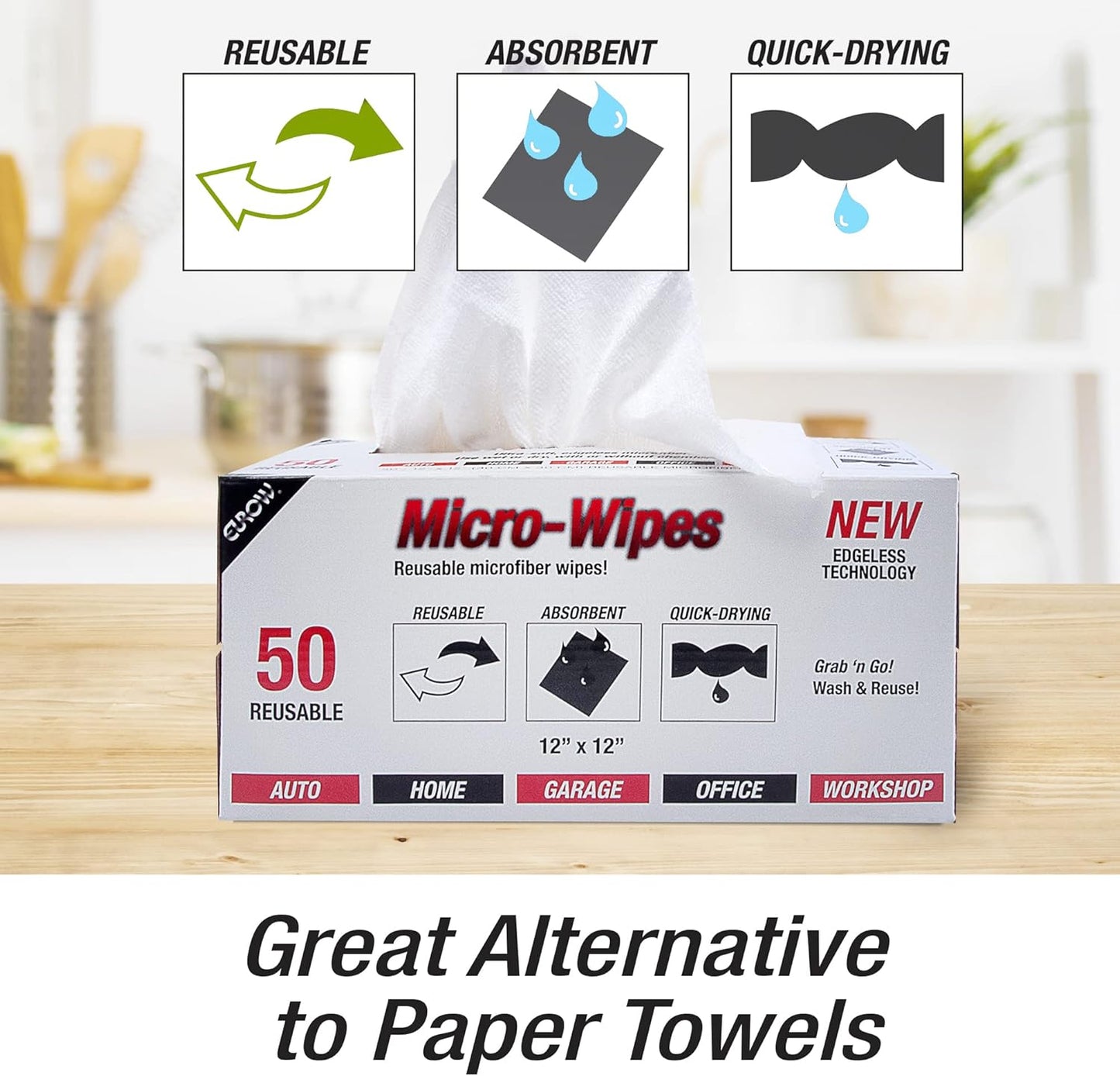 Eurow 200GSM Microfiber Cleaning and Drying Cloths with Dispenser Box, Reusable, Streak-Free, Scratch-Free, Ultra Absorbent, Edgeless for All Surface Types, 12x12in, 50-Pack, Yellow