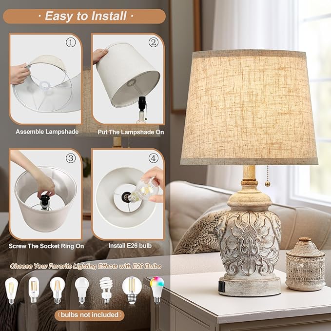 Fullarge 19.5" Vintage Rustic Table Lamp Set of 2 Farmhouse Table Lamps for Living Room Bedroom Decor with USB Ports Traditional Carved Floral White Bedside Night Light Lamps with Pull Chain Switch