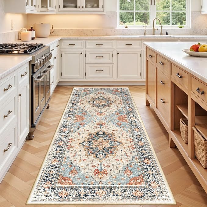 RELEANY Area Rugs 3'x7' Runner Rug Non Slip Washable for Kitchen Hallway Bedroom Beside Laundry Room Bathroom Rug, Floor Carpet, Beige Navy Blue Orange Colorful