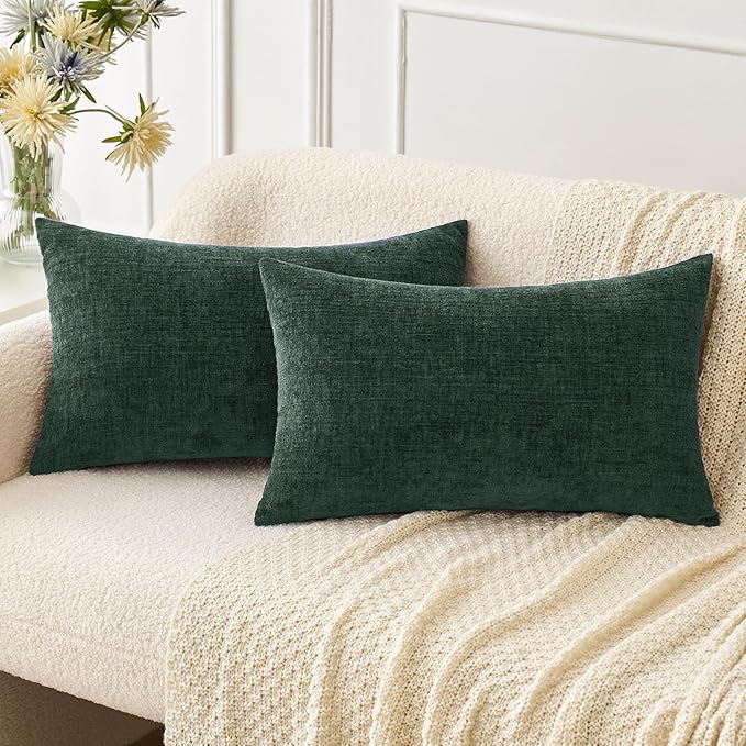 MIULEE Pack of 2 Christmas Green Throw Pillow Covers 12x20 Inch Soft Chenille Pillow Covers for Sofa Living Room Couch Solid Dyed Cases