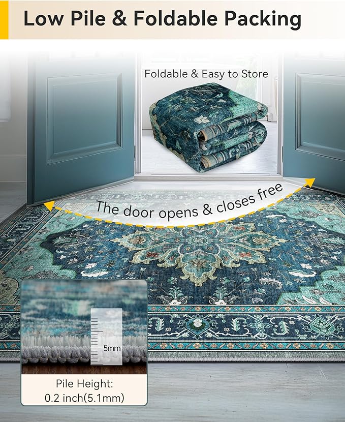RELEANY Area Rugs 4'x5' Washable Non-Slip, Floral Vintage Distress Print Pattern Medallion Carpet for Living Room Bedroom Dining Room, Teal Green Lake Blue Turquoise