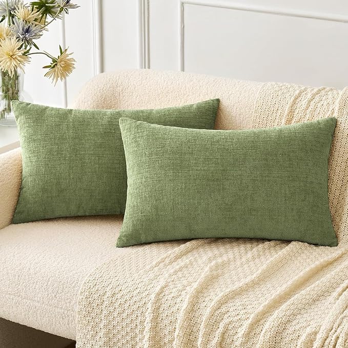 MIULEE Pack of 2 Couch Throw Pillow Covers 14x22 Inch Spring Soft Sage Green Chenille Pillow Covers for Sofa Living Room Solid Dyed Pillow Cases