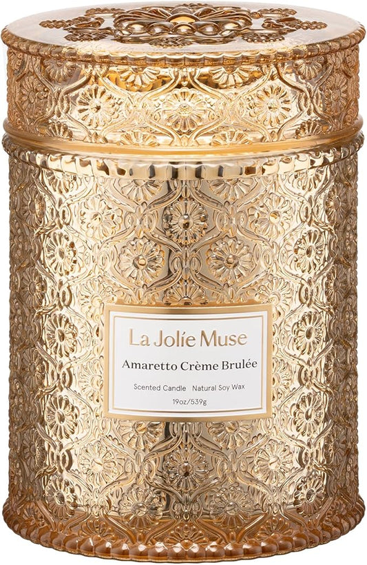 LA JOLIE MUSE Amaretto Crème Brûlée Scented Candle | Almond Liqueur, Dried Fruit & Caramel | 19 oz Wooden Wick | 90 Hours Clean Burn | Candle Gift for Hosts | Elegant Home Decor