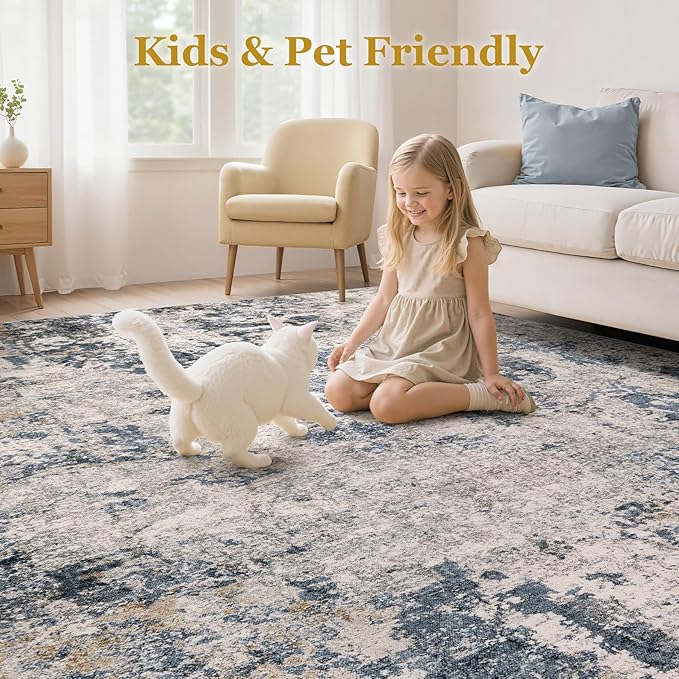 Area Rugs for Living Room: 8x10 Abstract Washable Rug Large Soft Stain Resistant Non-Slip Backing for Bedroom Dining Room Indoor Home Office Carpet for Kids Pet Friendly Families - Blue Brown