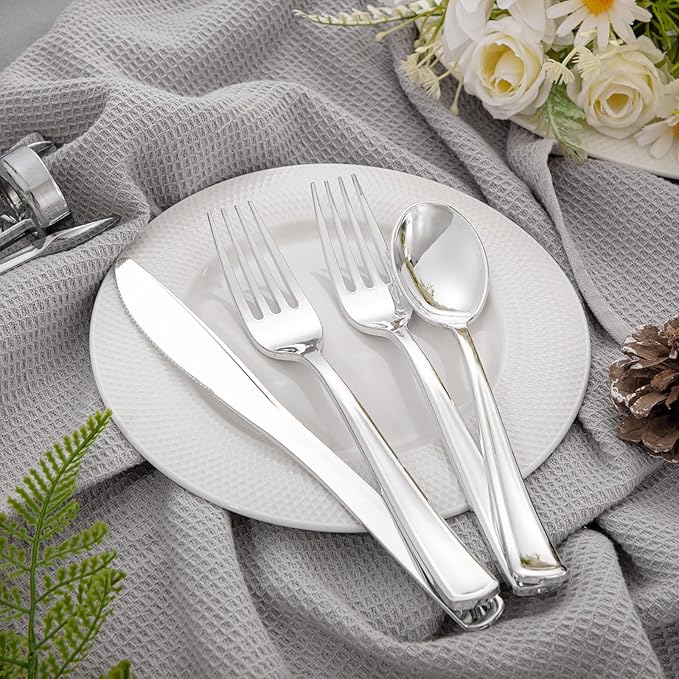 Liacere 100 Pack Silver Plastic Silverware-Pre Wrapped cutlery and Napkin-Pre Rolled Silverware Disposable 100 Forks, 100 Knives 100 Spoons, 100 Napkins Plastic Utensils＆Christmas＆New Year