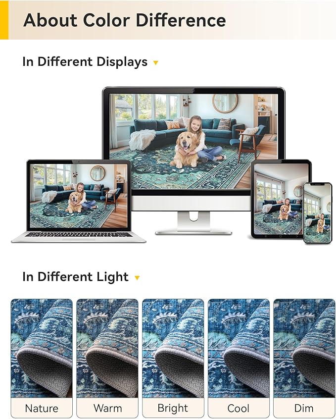 RELEANY Area Rugs 8'x10' Washable Non-Slip, Floral Vintage Distress Print Pattern Medallion Carpet for Living Room Bedroom Dining Room, Teal Green Lake Blue Turquoise