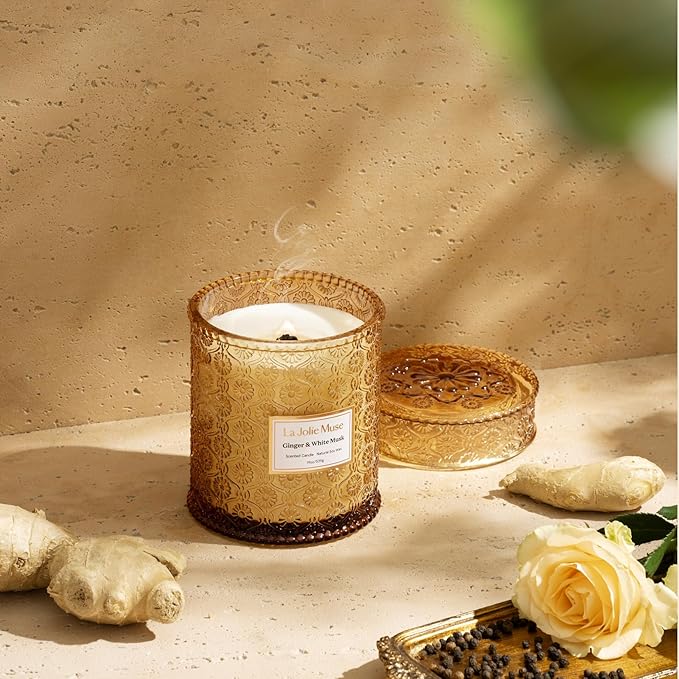 LA JOLIE MUSE Ginger & White Musk Candle | Ginger, Lemongrass & Musk | 19 oz Wooden Wick | Natural Soy Wax | 90 Hours Clean Burn | Gift-Ready for Hosts & Gathering| Seasonal Home Décor