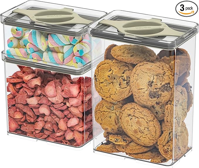 Leakproof Food Storage Container Set with Twist-Lock Lids, 3-Pack BPA-Free Stackable Pantry Canisters for Sugar, Flour, Pasta, Snacks (0.8qt (3.2 Cup), 1.9qt (7.6 Cup), 3qt (12 Cup)- Sand