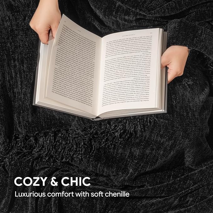 RECYCO Throw Blanket Soft Cozy Chenille Throw Blanket with Fringe Tassel for Couch Sofa Chair Bed Living Room Gift (Black, 60" x 80")