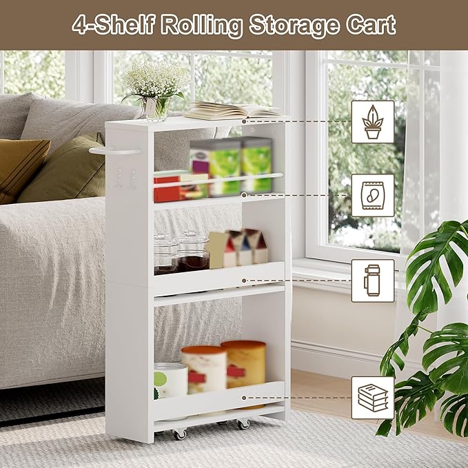 ChooChoo 4-Tier Slim Storage Cart with Handle, 5.51" W Rolling Utility Cart on Universal Wheels, Kitchen Cart Mobile Shelving Organization for Laundry Room, Bathroom & Narrow Places, White