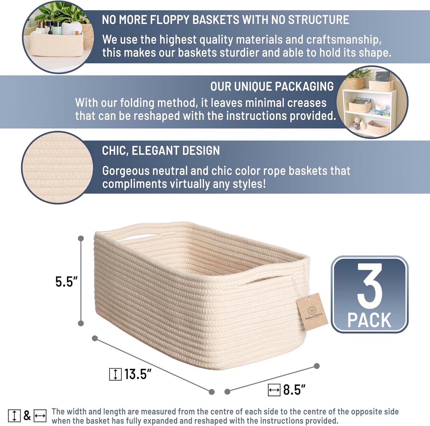 NaturalCozy 13.5”x8.5”x5.5” Storage Baskets for Shelves 3 Pack | Cotton Rope Woven Small Baskets for Organizing | Small Storage Bins for Nursery, Bathroom, Closet, Cube Shelf, Decorative, Gift