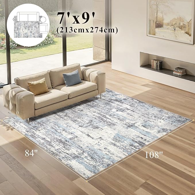 Area Rugs for Living Room: 7x9 Abstract Washable Rug Modern Neutral Large Soft Stain Resistant Non-Slip Backing Machine Table for Bedroom Dining Room Indoor Home Office Carpet - Blue Grey