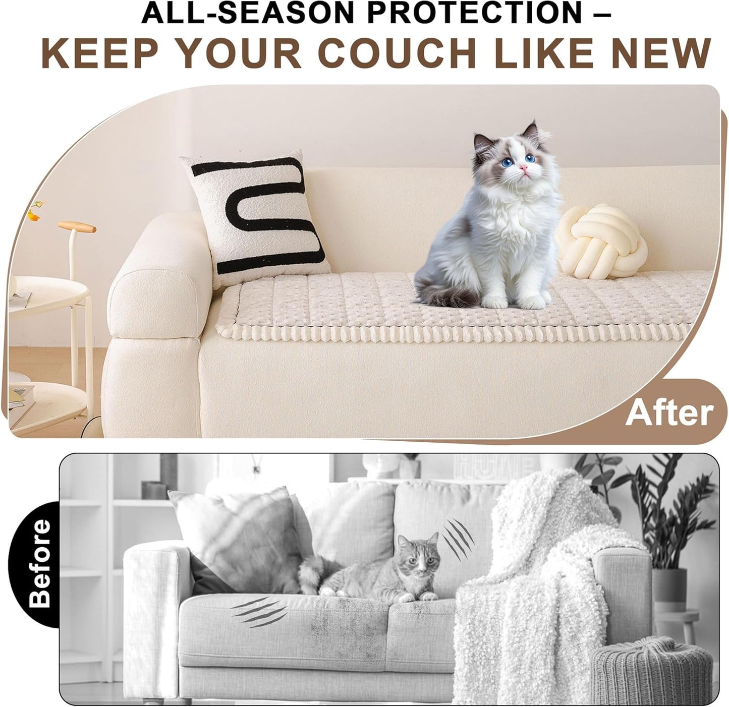 OTOB All Seasons Sofa Covers for 3 Cushion Couch Washable, Fuzzy Non Slip Kids & Pet Friendly Couch Cover Furniture Protector, Soft Plush Sofa Slipcovers Dog Bed Mats (Cream, 31.5" x 70.9'')