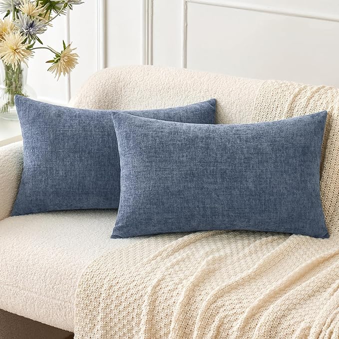 MIULEE Pack of 2 Couch Throw Pillow Covers 12x20 Inch Soft Dark Grey Blue Chenille Pillow Covers for Sofa Living Room Solid Dyed Pillow Cases