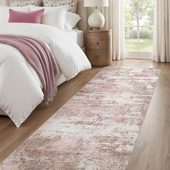 Area Rugs for Living Room: 3x10 Abstract Washable Rug Modern Neutral Large Soft Stain Resistant Non-Slip Backing Machine Table for Bedroom Dining Room Indoor Home Office Carpet - Pink