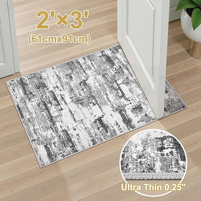 Washable Area Rugs: 2x3 Abstract Modern Soft Stain Resistant Non-Slip Backing for Living Room Entryway Bedroom Nursery - Black Grey