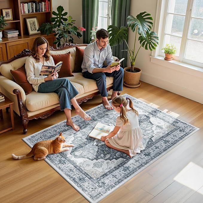 RELEANY Area Rugs 4'x6' Washable Non-Slip, Floral Vintage Distress Print Pattern Medallion Carpet for Living Room Bedroom Dining Room, Light Gray Grey White