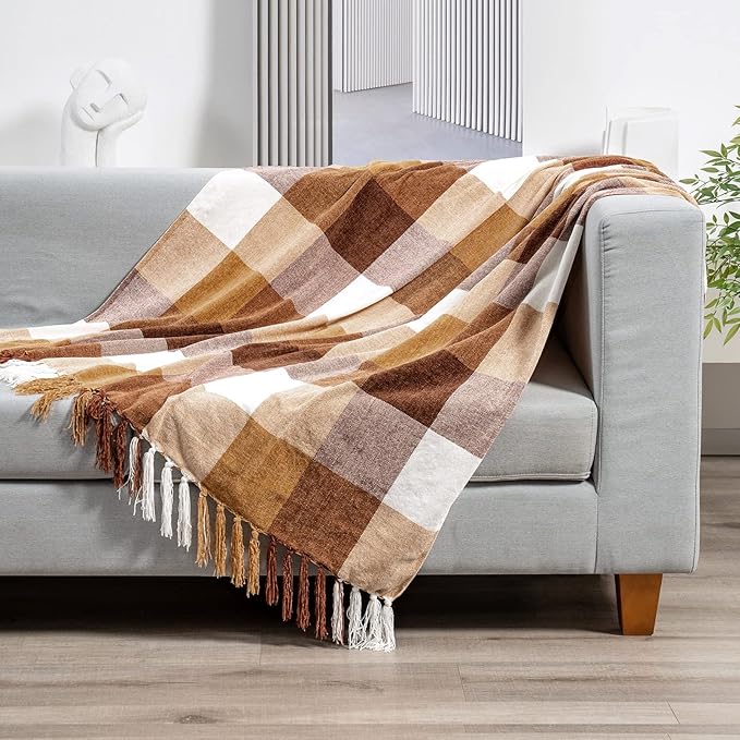 RECYCO Buffalo Paid Chenille Throw Blanket for Couch, Soft Cozy Decorative Buffalo Check Blanket Throw with Tassels for Bed Sofa, Lightweight Chenille Knitted Throw, Plaid Brown Off White, 50'' x 60''