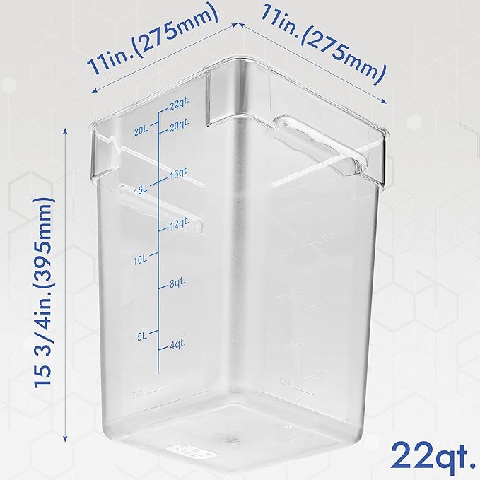 CURTA 8-Pack 22 Qt NSF Clear Polycarbonate Food Storage Containers with Blue Lids - Square, Commercial-Grade, Freezer & Dishwasher Safe, Stackable