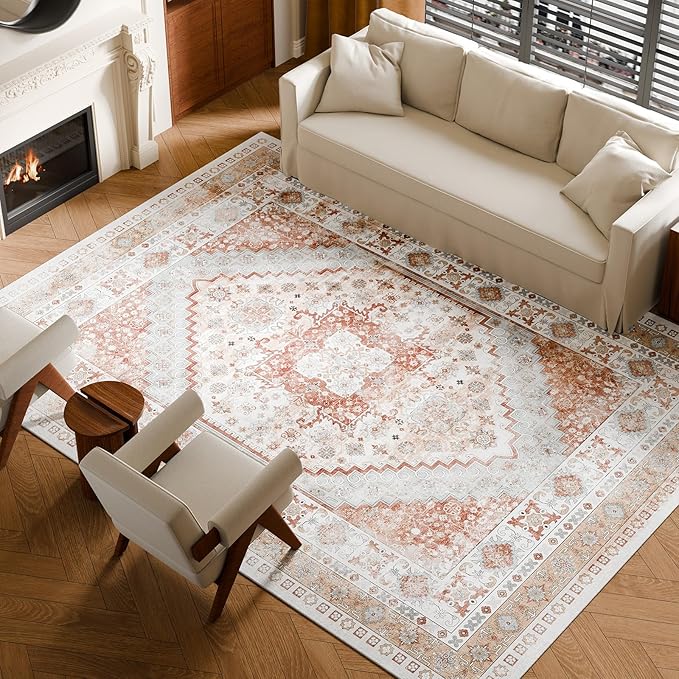 VEVOR 9 x 12 ft Area Rug Large Washable Rug Non-Slip and Tear-Resistant Soft Carpet Pet & Child Friendly Vintage Area Rugs Indoor Mat for Bedroom Living Room Kids Room Office Brown Red