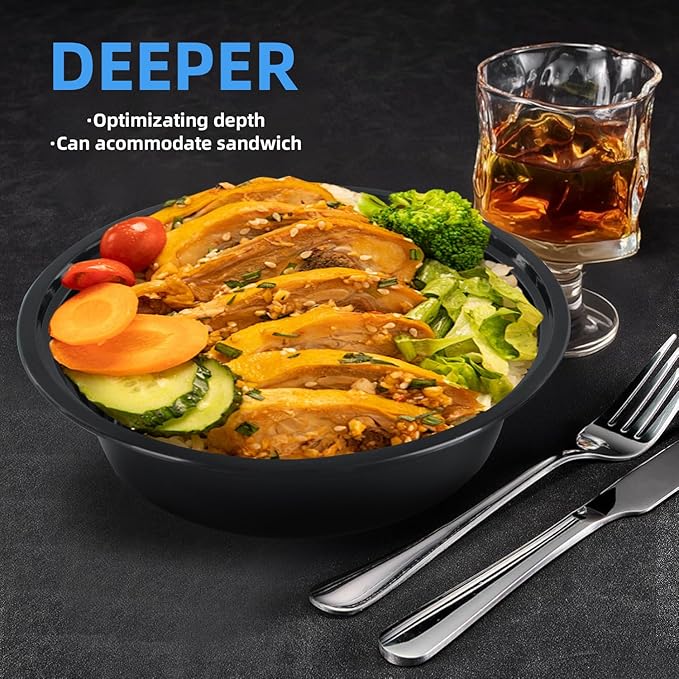 24oz Round Meal Prep Containers with Lids,50-Pack (100 Pcs) Black Disposable Food Storage,Bento Boxes,Stackable,Leak-Proof, BPA-Free,Microwave and Dishwasher Safe