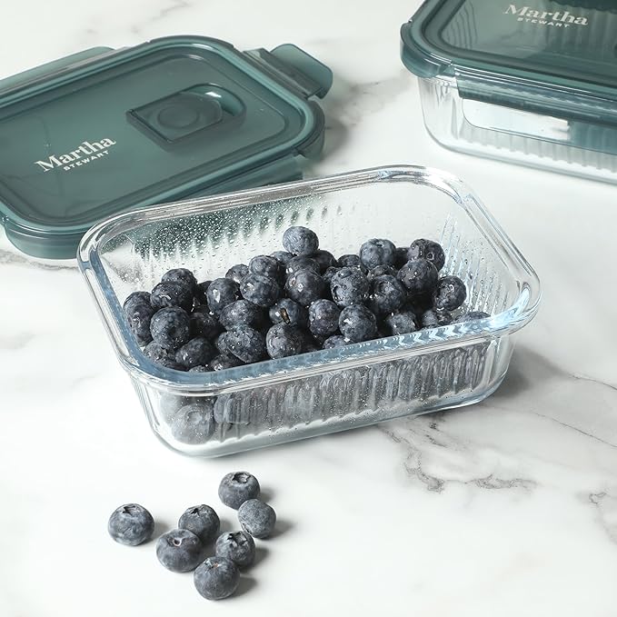 Martha Stewart Shadowbrook 5-Piece Borosilicate Glass Storage Container Set – Airtight Locking Lids, 21.6 oz Meal Prep, Leftover & Lunch Containers, Microwave, Oven & Dishwasher Safe