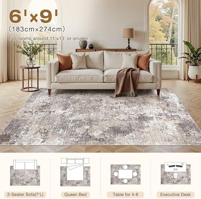 Area Rugs for Living Room: 6x9 Abstract Washable Rug Modern Neutral Large Soft Stain Resistant Non-Slip Backing Machine Table for Bedroom Dining Room Indoor Home Office Carpet - Light Brown