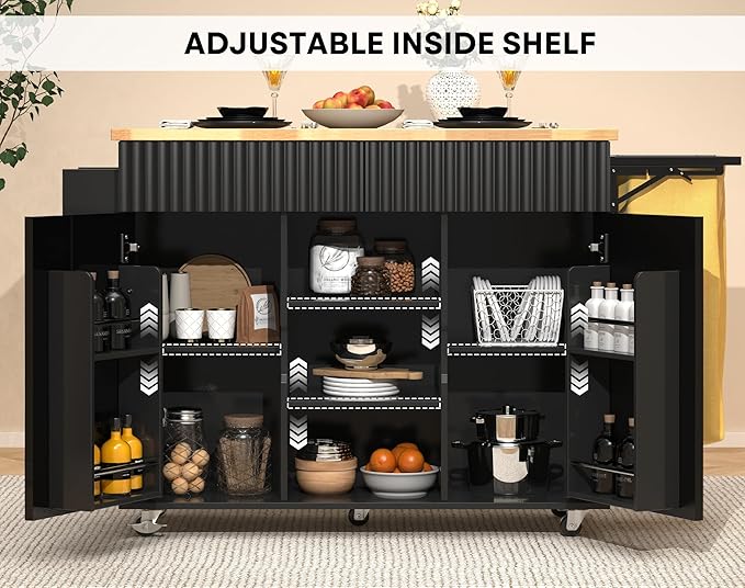 Kitchen Island with Drop Leaf, Rolling Kitchen Island on Wheels, Kitchen Island Cart with Removable Trash Bag, Drawer, Spice Rack, Mobile Island Table with Storage Cabinet, Black