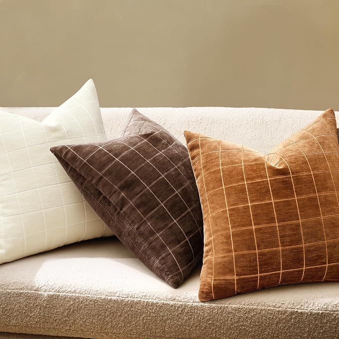 MIULEE Decorative Chenille Check Throw Pillow Covers Vintage Plaid Couch Pillows 18x18 Inch Set of 2 Neutral Boho Farmhouse Cushion Covers Modern Spring Home Decor for Sofa Bed Living Room Bronze