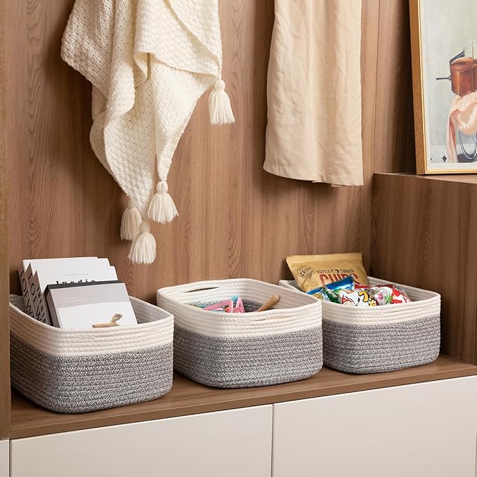 OIASKET Storage Baskets for Organizing 3 Pack, Woven Baskets for Shelves, Closet Organizer Bins Empty Gift Basket Toy Storage for Toys, Books, Towels, Clothes, 15"x11.42"x6.7", Grey