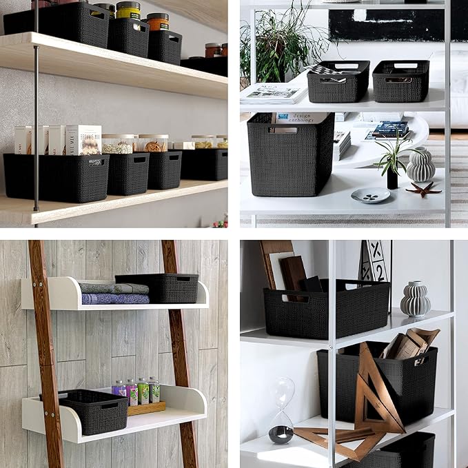 Curver Set of 4 Large 18L Easy Access Jute Decorative Plastic Organization and Storage Baskets - Perfect Bins for Home Office, Closet Shelves, Kitchen Pantry and All Bedroom Essentials, Black