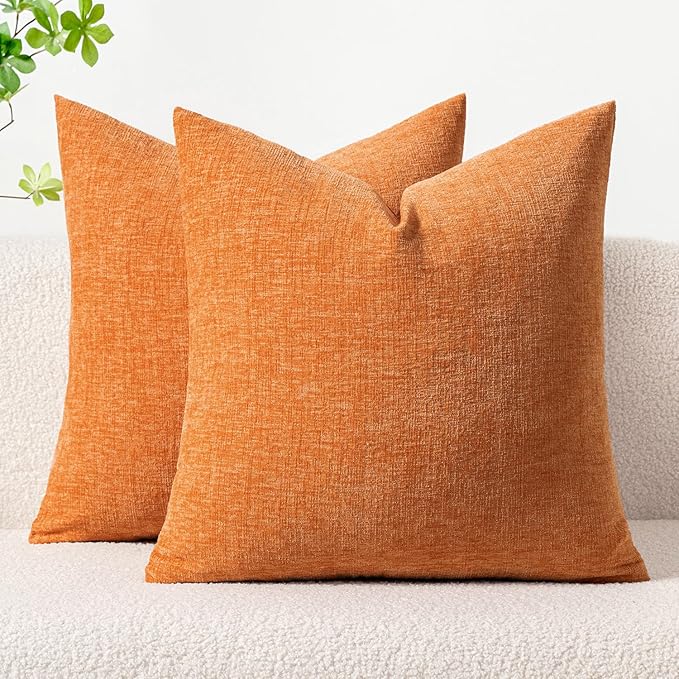MIULEE Pack of 2 Orange Throw Pillow Covers 16x16 Inch Soft Chenille Pillow Covers for Sofa Living Room Couch Solid Dyed Cases