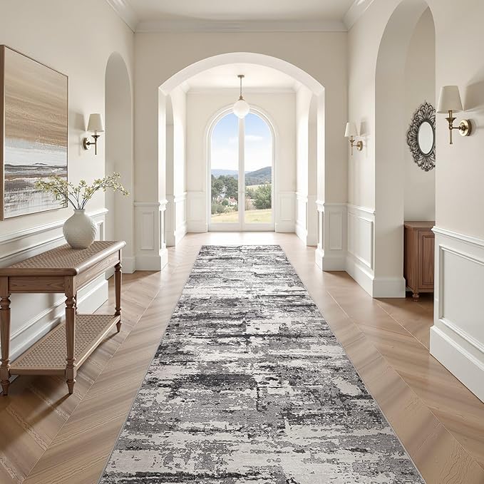Hallway Washable Runner Rug: 3x10 Abstract Modern Soft Stain Resistant Non-Slip Backing Runner for for Entryway Kitchen Laundry - Black Grey