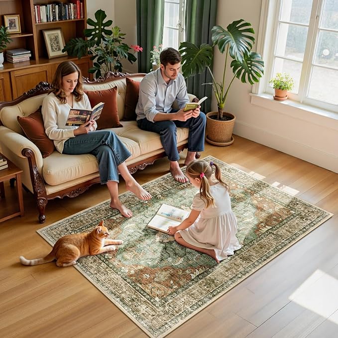 RELEANY Area Rugs 4'x6' Washable Non-Slip, Floral Vintage Distress Print Pattern Medallion Carpet for Living Room Bedroom Dining Room, Brick Red Rust Neutral Brown Burnt Orange Green