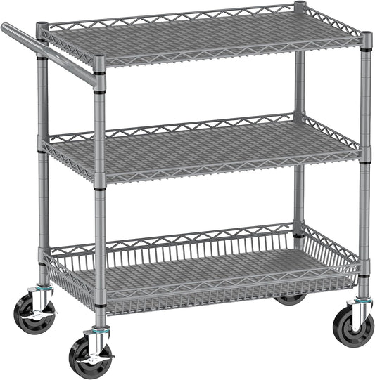 Metal Heavy Duty Carts with Wheels 1050lbs, 3 Tier Rolling Utility Cart with Storage, Steel Wire Carts with Handle Bar&Shelf Liner, Commercial Grade Trolley for Kitchen, Grocery