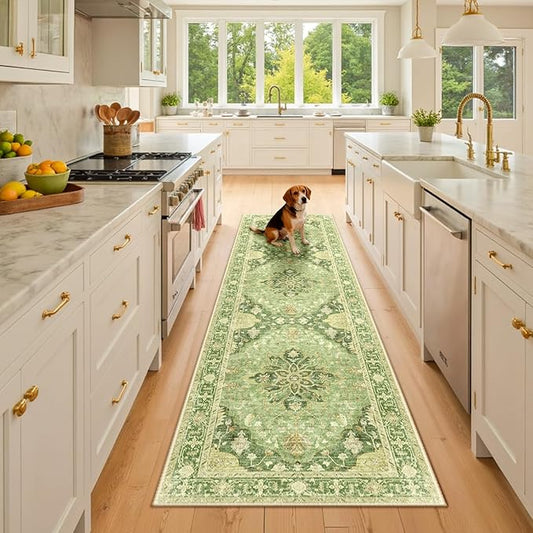 RELEANY Area Rugs 2'x8' Runner Rug Non Slip Washable for Kitchen Hallway Bedroom Beside Laundry Room Bathroom Rug, Floor Carpet, Sage Green Yellow