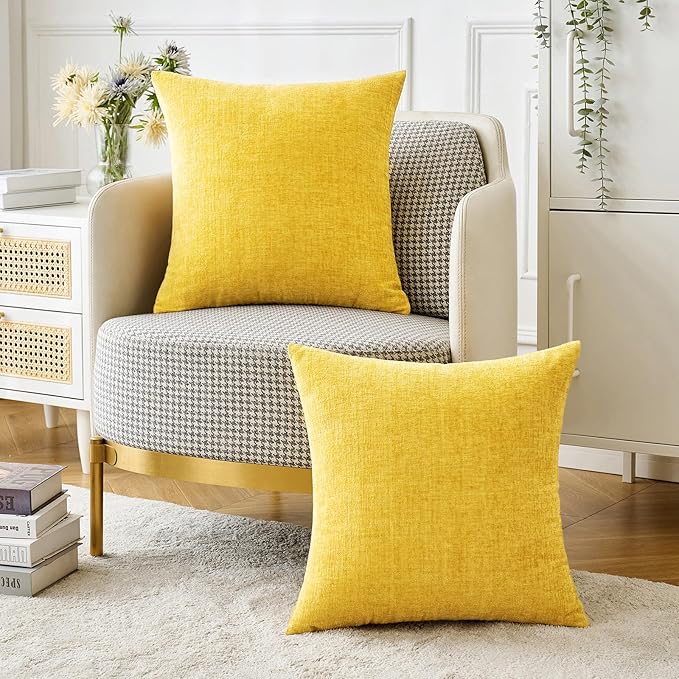 MIULEE Pack of 2 Couch Throw Pillow Covers 20x20 Inch Soft Yellow Chenille Pillow Covers for Sofa Living Room Spring Home Decor Couch Solid Dyed Cases