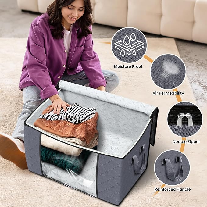 Fab totes 24 Gallons Clothes Storage, Foldable Thick Fabric Blanket Storage Bags, Containers for Organizing Bedroom, Closet, Clothing, Comforter, Organization with Handle (4 Pack,Grey)