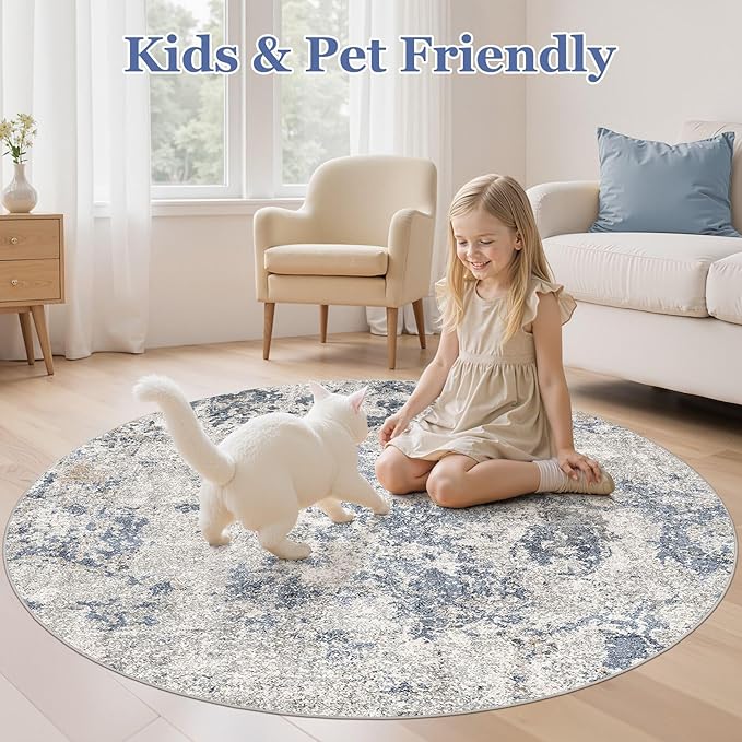 6ft Round Area Rugs for Living Room: 6x6 Abstract Washable Rug Modern Large Soft Stain Resistant Non-Slip Backing Machine Table for Bedroom Dining Room Indoor Home Office Carpet - Blue Brown