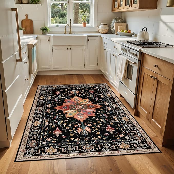 RELEANY Area Rugs 4'x6' Washable Non-Slip, Floral Vintage Distress Print Pattern Medallion Carpet for Living Room Bedroom Dining Room, Black Colorful Floral Dark Tan