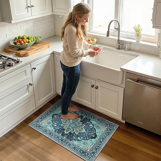 RELEANY Area Rugs 2'x3' Kitchen Rugs Entry Rug Small Rugs for Entryway Kitchen Bathroom Door Mat Indoor Entrance,Washable Non Slip, Teal Green Lake Blue Turquoise