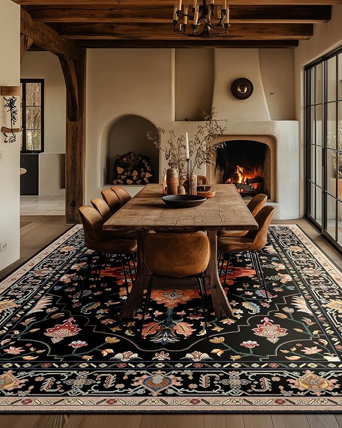 RELEANY Area Rugs 9'x12' Washable Non-Slip, Floral Vintage Distress Print Pattern Medallion Carpet for Living Room Bedroom Dining Room, Black Colorful Floral Dark Tan