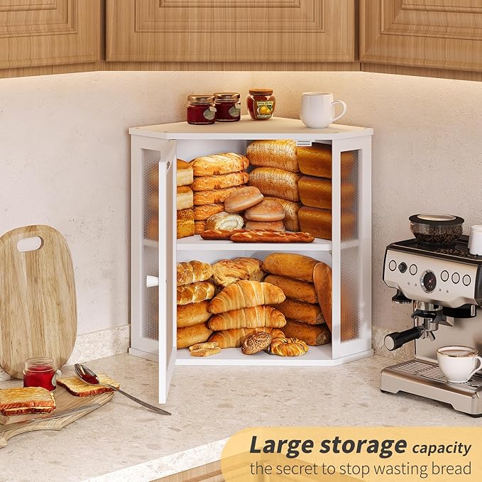 Corner Bread Box for Kitchen Countertop,Bread Storage for Homemade Bread, Double Layer Large Bamboo Kitchen Storage Bin with Window (White, Large)