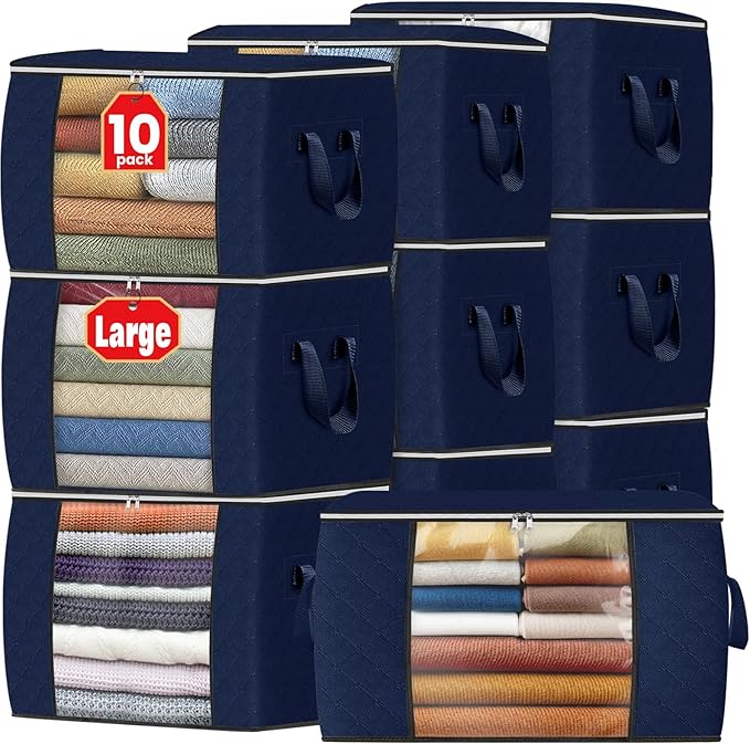 Fab totes 24 Gallons Clothes Storage,Foldable Thick Fabric Blanket Storage Bags, Containers for Organizing Bedroom, Closet, Clothing, Comforter, Organization with Handle (10 Pack,Blue)
