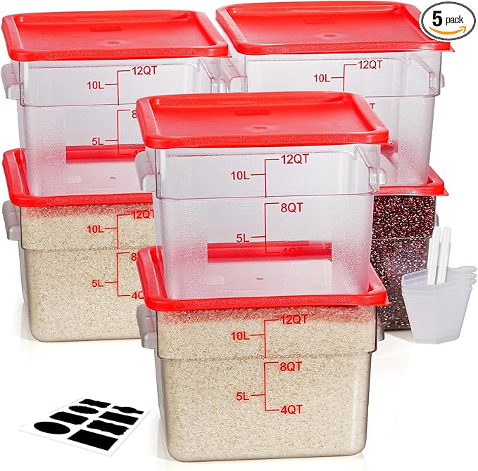 12 Quarts Sous Vide Container: 6 PCS Commercial Food Storage Containers with Lids - Clear Food Container with Scales Handles for Home Restaurant Kitchen Storage Pizza Bread, Red N1