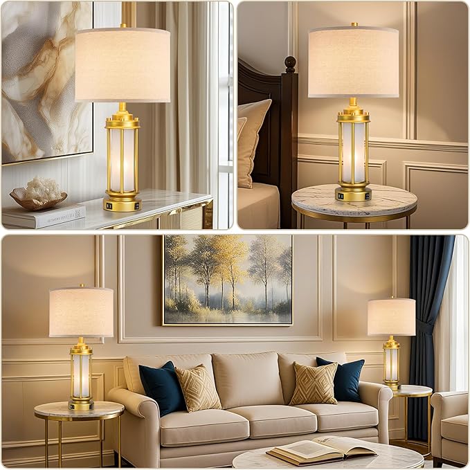 AIEAMPDO Set of 2 Modern Table Lamps for Living Room, Farmhouse Vintage Bedside Lamp with 2 USB Ports Glass Nightlight, Gold Nightstand Desk Lamps for Entryway Bedroom Dresser, 4 Bulbs Included