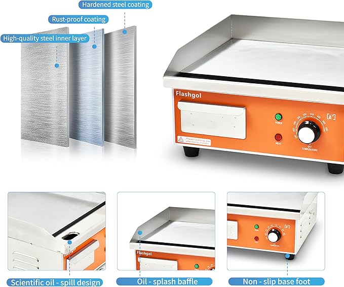 15.3 IN Nonstick Stainless Steel Electric Griddle Adjustable Temperature Control Flat Top Griddle For Resturant, Kitchen, Indoor, Outdoor, Camping, Commercial